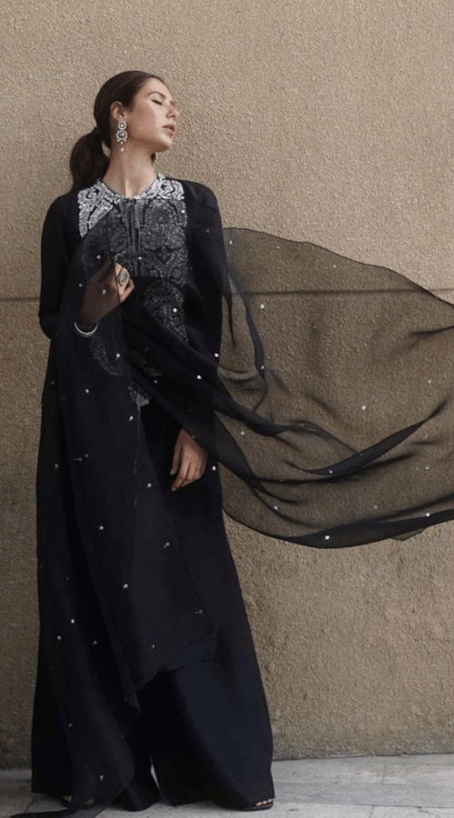 Sonam Bajwa in black suit by Hussain Rehar