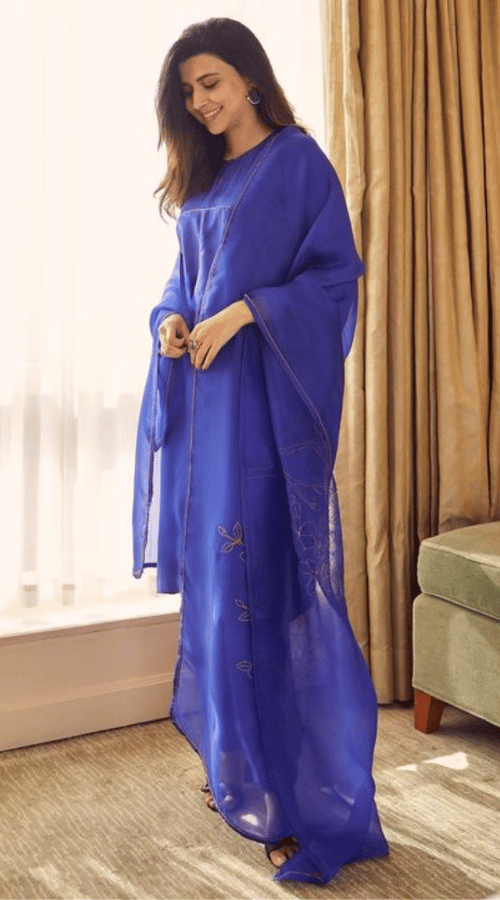 Nimrat Khaira in blue suit by raw mango