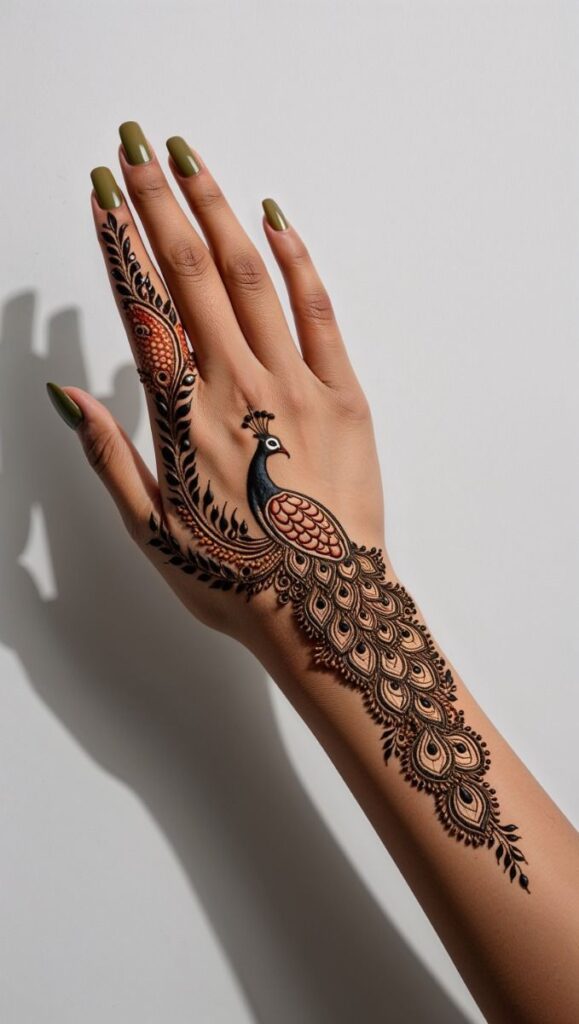 Unique and statement Peacock Arabic mehendi design for Minimalistic brides