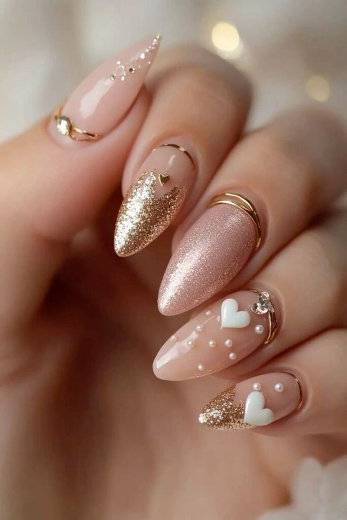 Nude and gold Punjabi bridal nail design with heart accents, glitter tips, pearls, and gold rings — trending 2025 nail art for brides